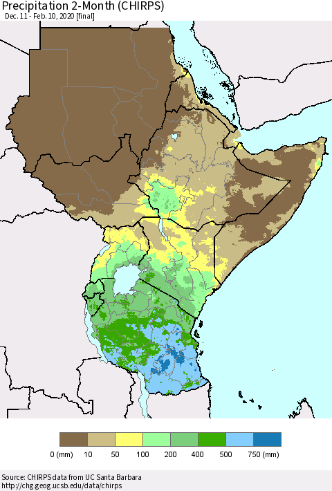 Eastern Africa Precipitation 2-Month (CHIRPS) Thematic Map For 12/11/2019 - 2/10/2020