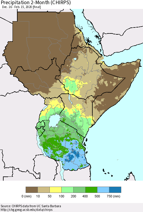 Eastern Africa Precipitation 2-Month (CHIRPS) Thematic Map For 12/16/2019 - 2/15/2020