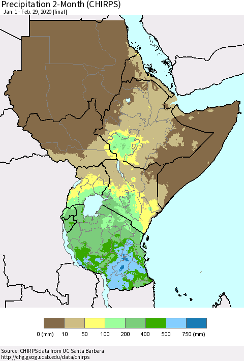Eastern Africa Precipitation 2-Month (CHIRPS) Thematic Map For 1/1/2020 - 2/29/2020