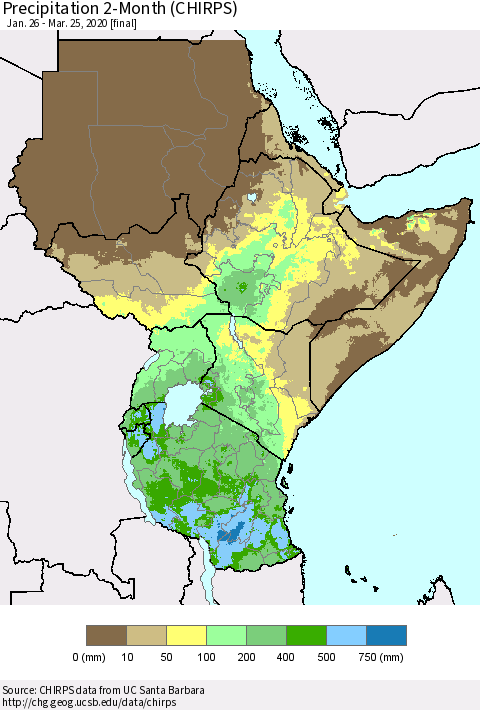 Eastern Africa Precipitation 2-Month (CHIRPS) Thematic Map For 1/26/2020 - 3/25/2020