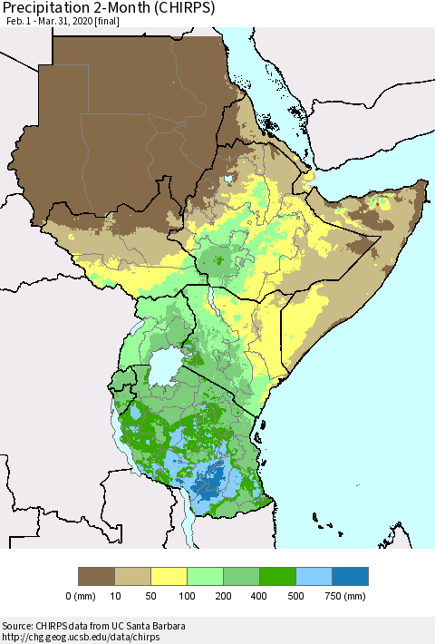 Eastern Africa Precipitation 2-Month (CHIRPS) Thematic Map For 2/1/2020 - 3/31/2020