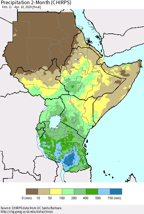 Eastern Africa Precipitation 2-Month (CHIRPS) Thematic Map For 2/11/2020 - 4/10/2020