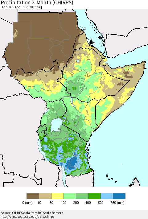 Eastern Africa Precipitation 2-Month (CHIRPS) Thematic Map For 2/16/2020 - 4/15/2020