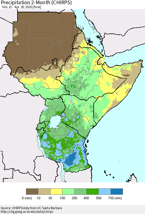 Eastern Africa Precipitation 2-Month (CHIRPS) Thematic Map For 2/21/2020 - 4/20/2020