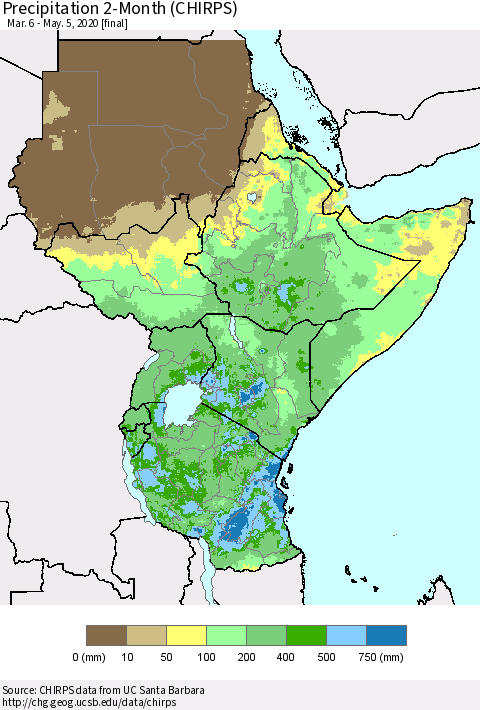 Eastern Africa Precipitation 2-Month (CHIRPS) Thematic Map For 3/6/2020 - 5/5/2020