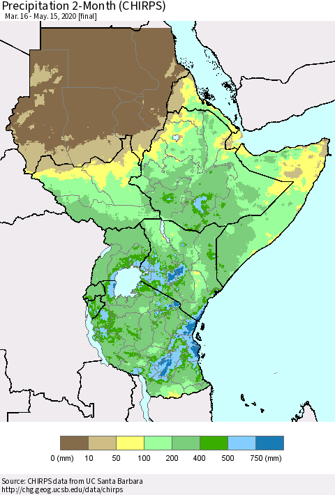 Eastern Africa Precipitation 2-Month (CHIRPS) Thematic Map For 3/16/2020 - 5/15/2020