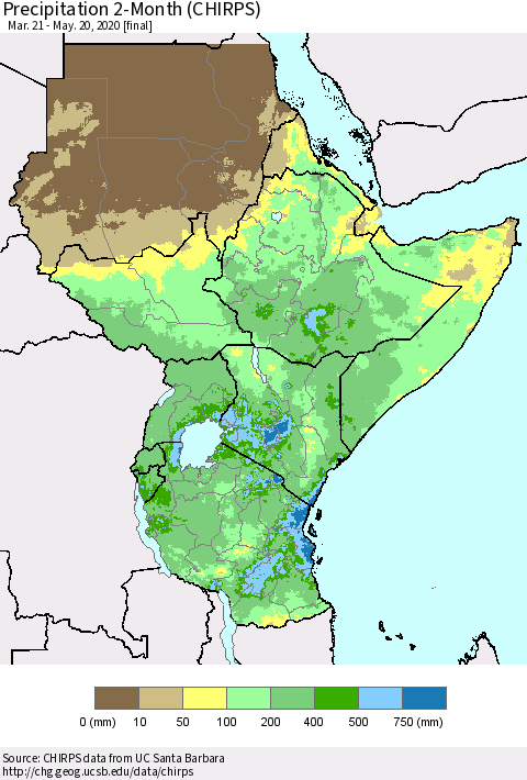Eastern Africa Precipitation 2-Month (CHIRPS) Thematic Map For 3/21/2020 - 5/20/2020