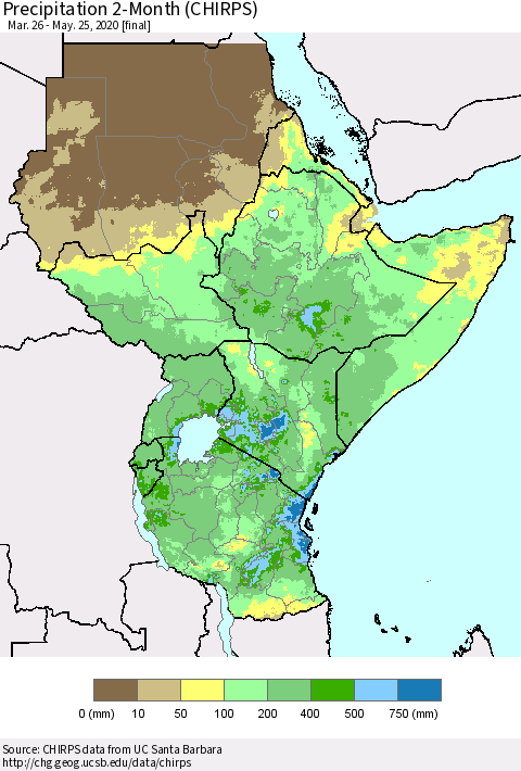 Eastern Africa Precipitation 2-Month (CHIRPS) Thematic Map For 3/26/2020 - 5/25/2020