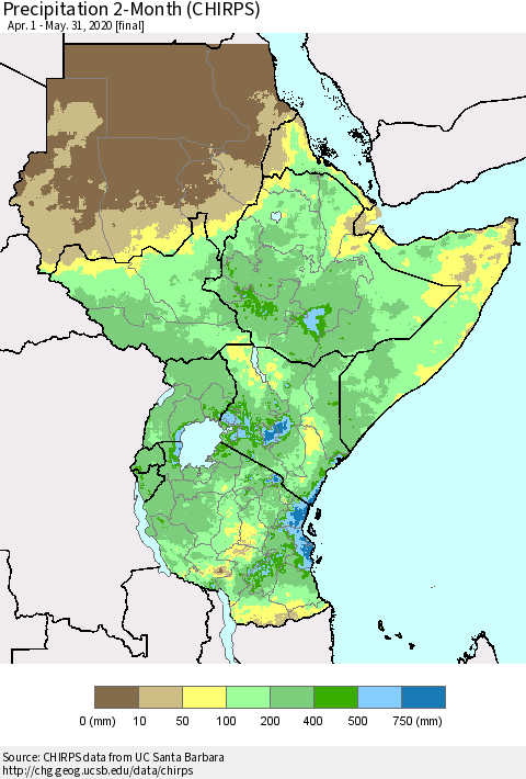 Eastern Africa Precipitation 2-Month (CHIRPS) Thematic Map For 4/1/2020 - 5/31/2020