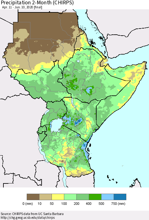 Eastern Africa Precipitation 2-Month (CHIRPS) Thematic Map For 4/11/2020 - 6/10/2020