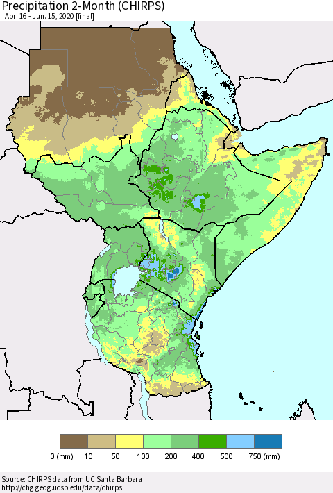 Eastern Africa Precipitation 2-Month (CHIRPS) Thematic Map For 4/16/2020 - 6/15/2020