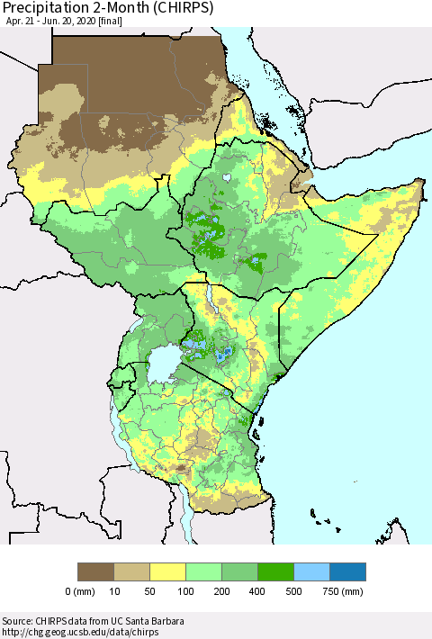 Eastern Africa Precipitation 2-Month (CHIRPS) Thematic Map For 4/21/2020 - 6/20/2020
