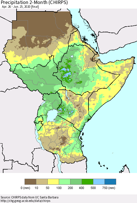 Eastern Africa Precipitation 2-Month (CHIRPS) Thematic Map For 4/26/2020 - 6/25/2020