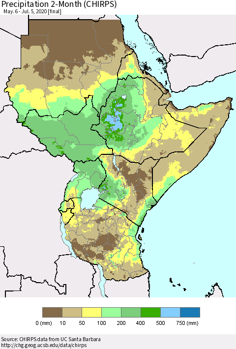 Eastern Africa Precipitation 2-Month (CHIRPS) Thematic Map For 5/6/2020 - 7/5/2020