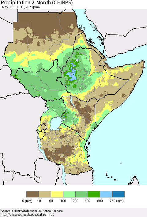 Eastern Africa Precipitation 2-Month (CHIRPS) Thematic Map For 5/11/2020 - 7/10/2020