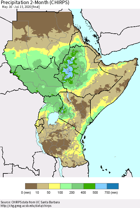 Eastern Africa Precipitation 2-Month (CHIRPS) Thematic Map For 5/16/2020 - 7/15/2020