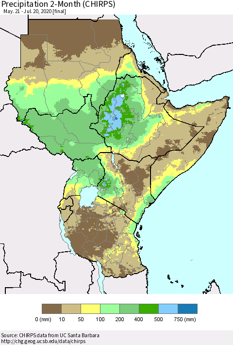 Eastern Africa Precipitation 2-Month (CHIRPS) Thematic Map For 5/21/2020 - 7/20/2020