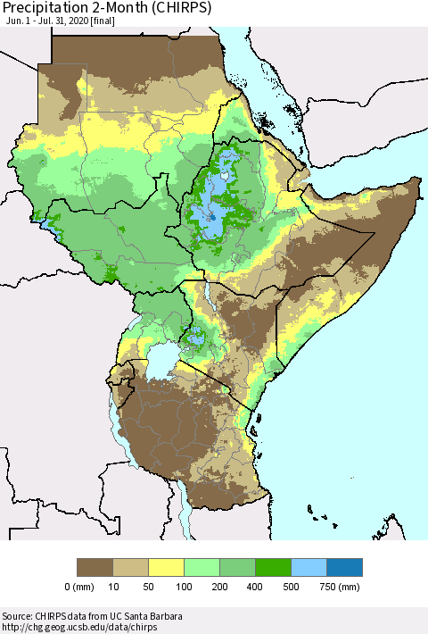 Eastern Africa Precipitation 2-Month (CHIRPS) Thematic Map For 6/1/2020 - 7/31/2020
