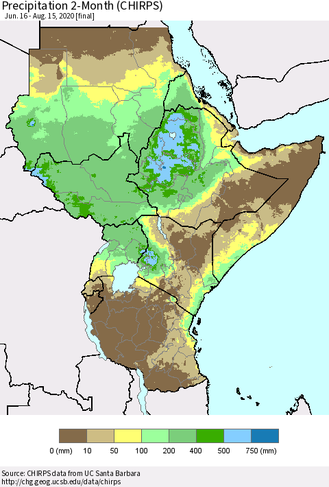 Eastern Africa Precipitation 2-Month (CHIRPS) Thematic Map For 6/16/2020 - 8/15/2020