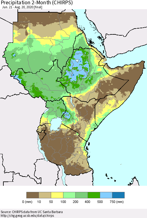 Eastern Africa Precipitation 2-Month (CHIRPS) Thematic Map For 6/21/2020 - 8/20/2020