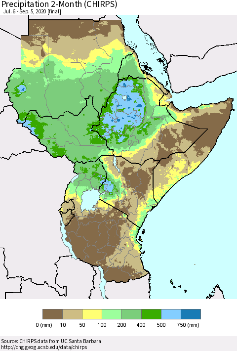 Eastern Africa Precipitation 2-Month (CHIRPS) Thematic Map For 7/6/2020 - 9/5/2020