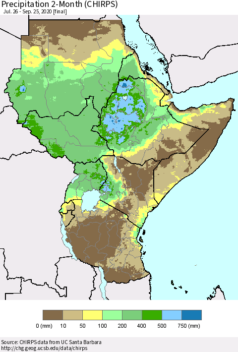 Eastern Africa Precipitation 2-Month (CHIRPS) Thematic Map For 7/26/2020 - 9/25/2020