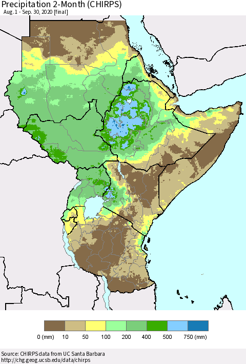 Eastern Africa Precipitation 2-Month (CHIRPS) Thematic Map For 8/1/2020 - 9/30/2020