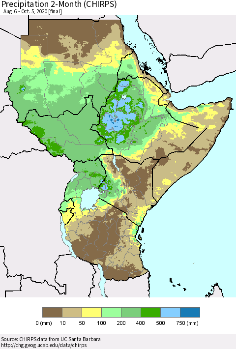 Eastern Africa Precipitation 2-Month (CHIRPS) Thematic Map For 8/6/2020 - 10/5/2020