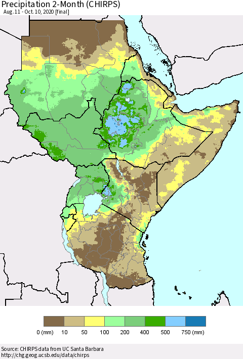 Eastern Africa Precipitation 2-Month (CHIRPS) Thematic Map For 8/11/2020 - 10/10/2020