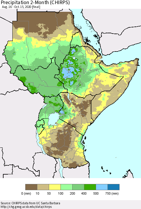 Eastern Africa Precipitation 2-Month (CHIRPS) Thematic Map For 8/16/2020 - 10/15/2020