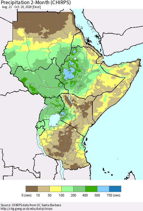 Eastern Africa Precipitation 2-Month (CHIRPS) Thematic Map For 8/21/2020 - 10/20/2020