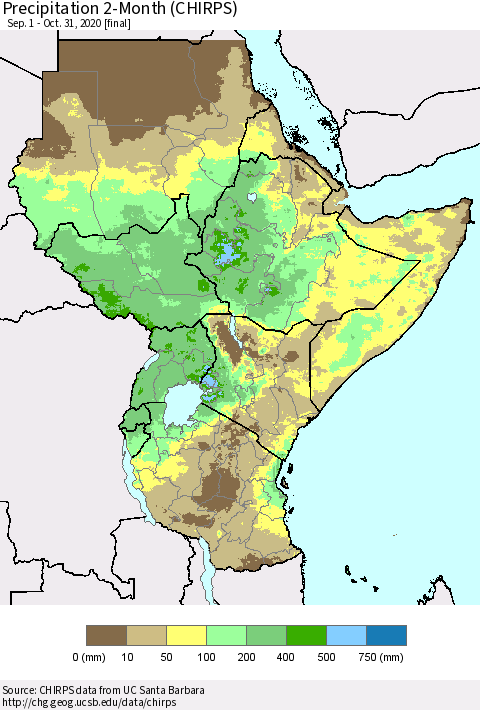 Eastern Africa Precipitation 2-Month (CHIRPS) Thematic Map For 9/1/2020 - 10/31/2020