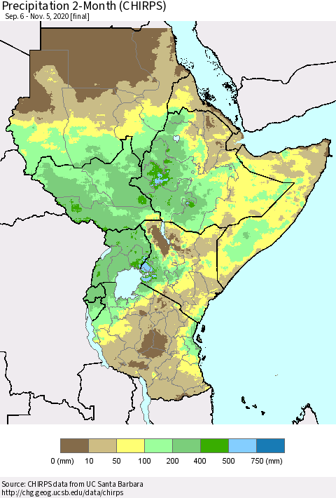Eastern Africa Precipitation 2-Month (CHIRPS) Thematic Map For 9/6/2020 - 11/5/2020