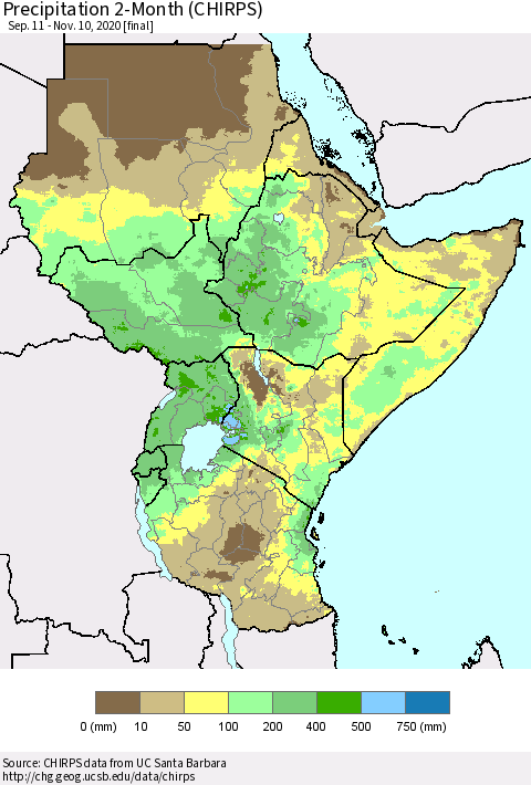 Eastern Africa Precipitation 2-Month (CHIRPS) Thematic Map For 9/11/2020 - 11/10/2020