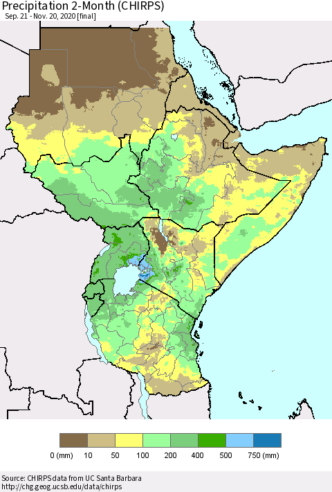 Eastern Africa Precipitation 2-Month (CHIRPS) Thematic Map For 9/21/2020 - 11/20/2020