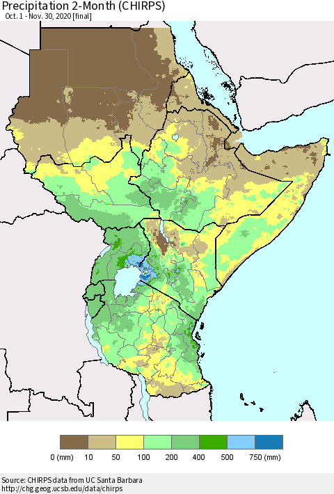 Eastern Africa Precipitation 2-Month (CHIRPS) Thematic Map For 10/1/2020 - 11/30/2020