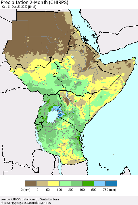 Eastern Africa Precipitation 2-Month (CHIRPS) Thematic Map For 10/6/2020 - 12/5/2020