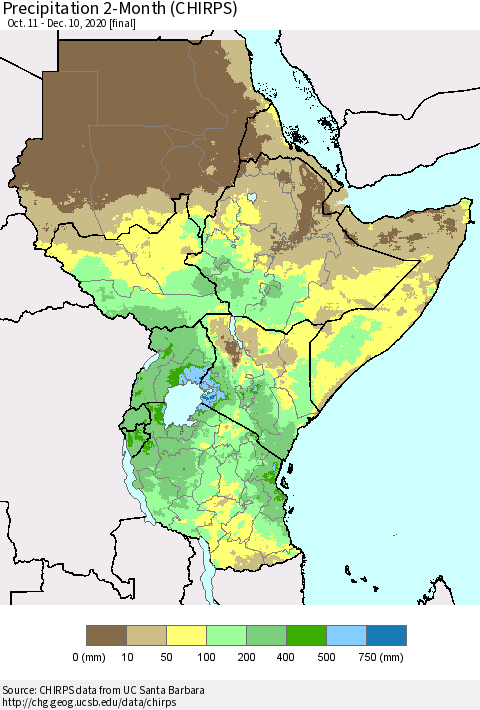 Eastern Africa Precipitation 2-Month (CHIRPS) Thematic Map For 10/11/2020 - 12/10/2020