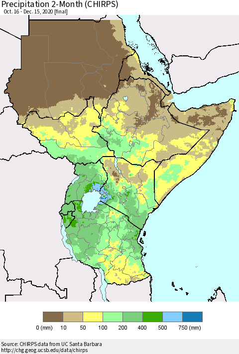 Eastern Africa Precipitation 2-Month (CHIRPS) Thematic Map For 10/16/2020 - 12/15/2020