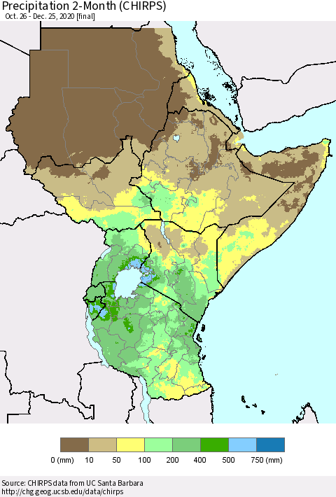 Eastern Africa Precipitation 2-Month (CHIRPS) Thematic Map For 10/26/2020 - 12/25/2020
