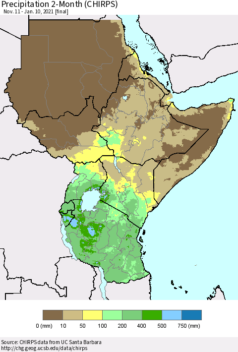 Eastern Africa Precipitation 2-Month (CHIRPS) Thematic Map For 11/11/2020 - 1/10/2021