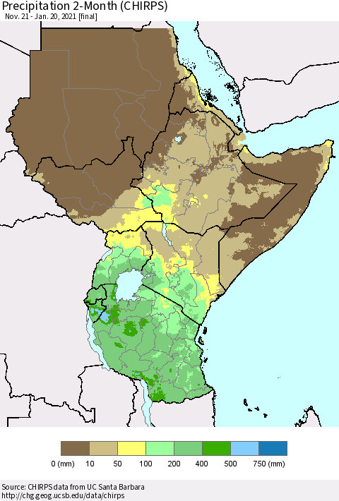 Eastern Africa Precipitation 2-Month (CHIRPS) Thematic Map For 11/21/2020 - 1/20/2021