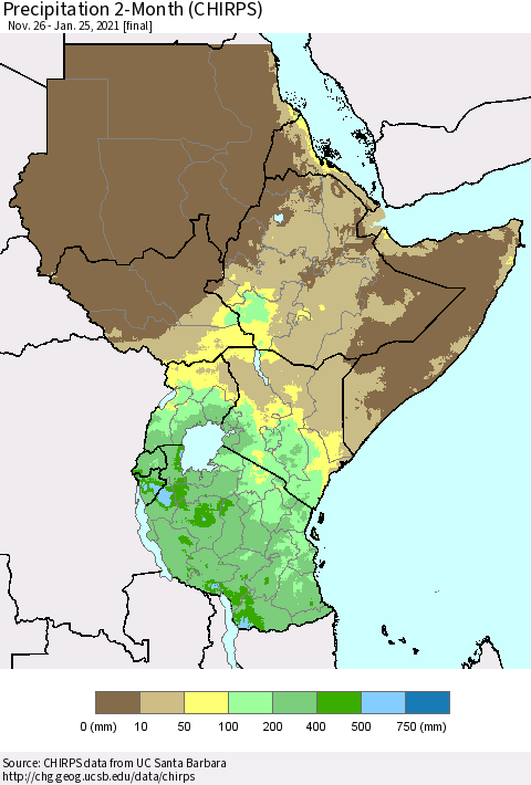 Eastern Africa Precipitation 2-Month (CHIRPS) Thematic Map For 11/26/2020 - 1/25/2021