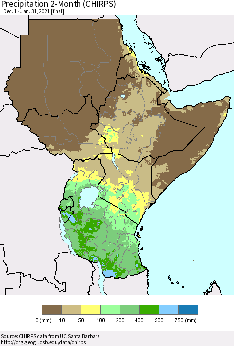 Eastern Africa Precipitation 2-Month (CHIRPS) Thematic Map For 12/1/2020 - 1/31/2021