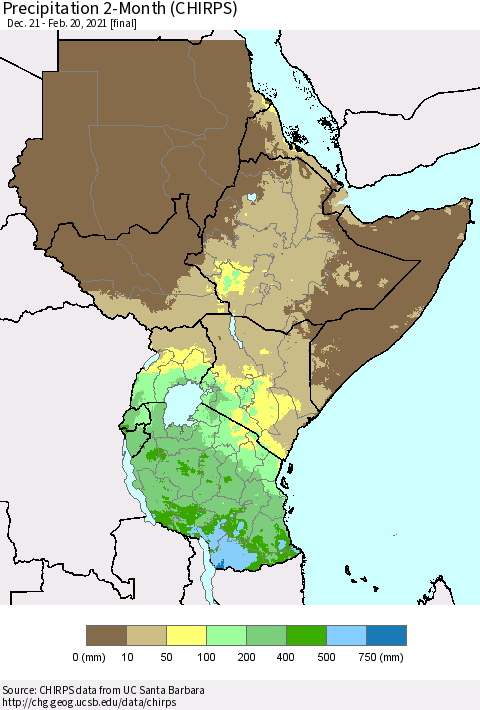 Eastern Africa Precipitation 2-Month (CHIRPS) Thematic Map For 12/21/2020 - 2/20/2021