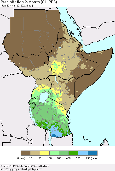 Eastern Africa Precipitation 2-Month (CHIRPS) Thematic Map For 1/11/2021 - 3/10/2021