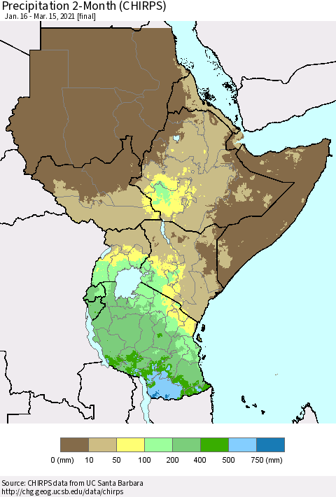 Eastern Africa Precipitation 2-Month (CHIRPS) Thematic Map For 1/16/2021 - 3/15/2021