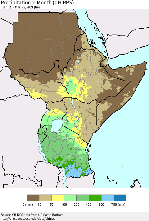 Eastern Africa Precipitation 2-Month (CHIRPS) Thematic Map For 1/26/2021 - 3/25/2021