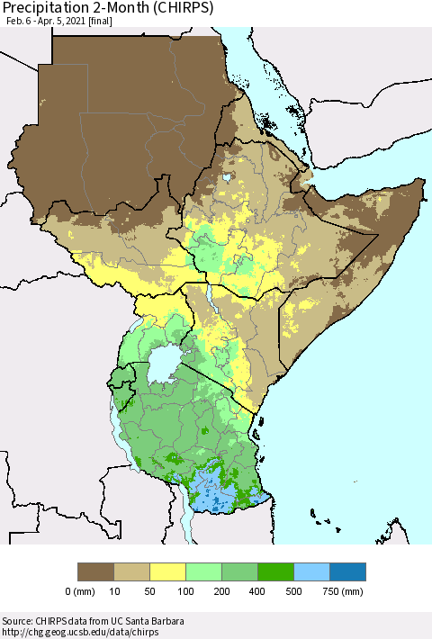 Eastern Africa Precipitation 2-Month (CHIRPS) Thematic Map For 2/6/2021 - 4/5/2021