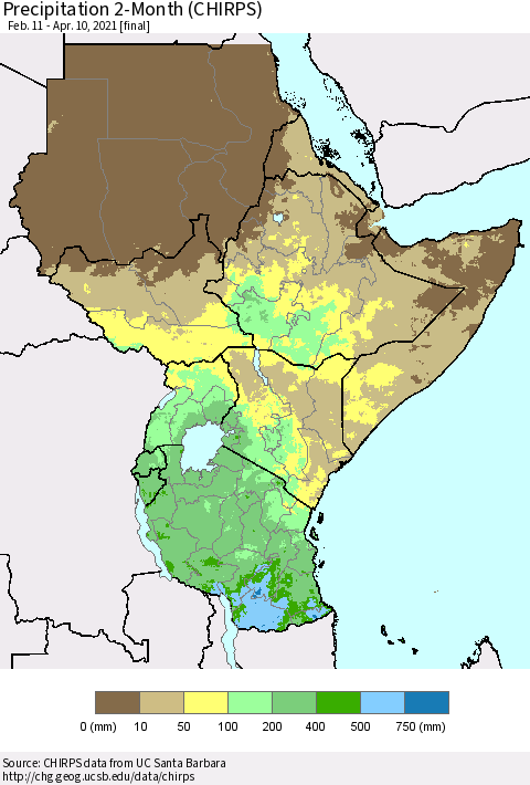 Eastern Africa Precipitation 2-Month (CHIRPS) Thematic Map For 2/11/2021 - 4/10/2021